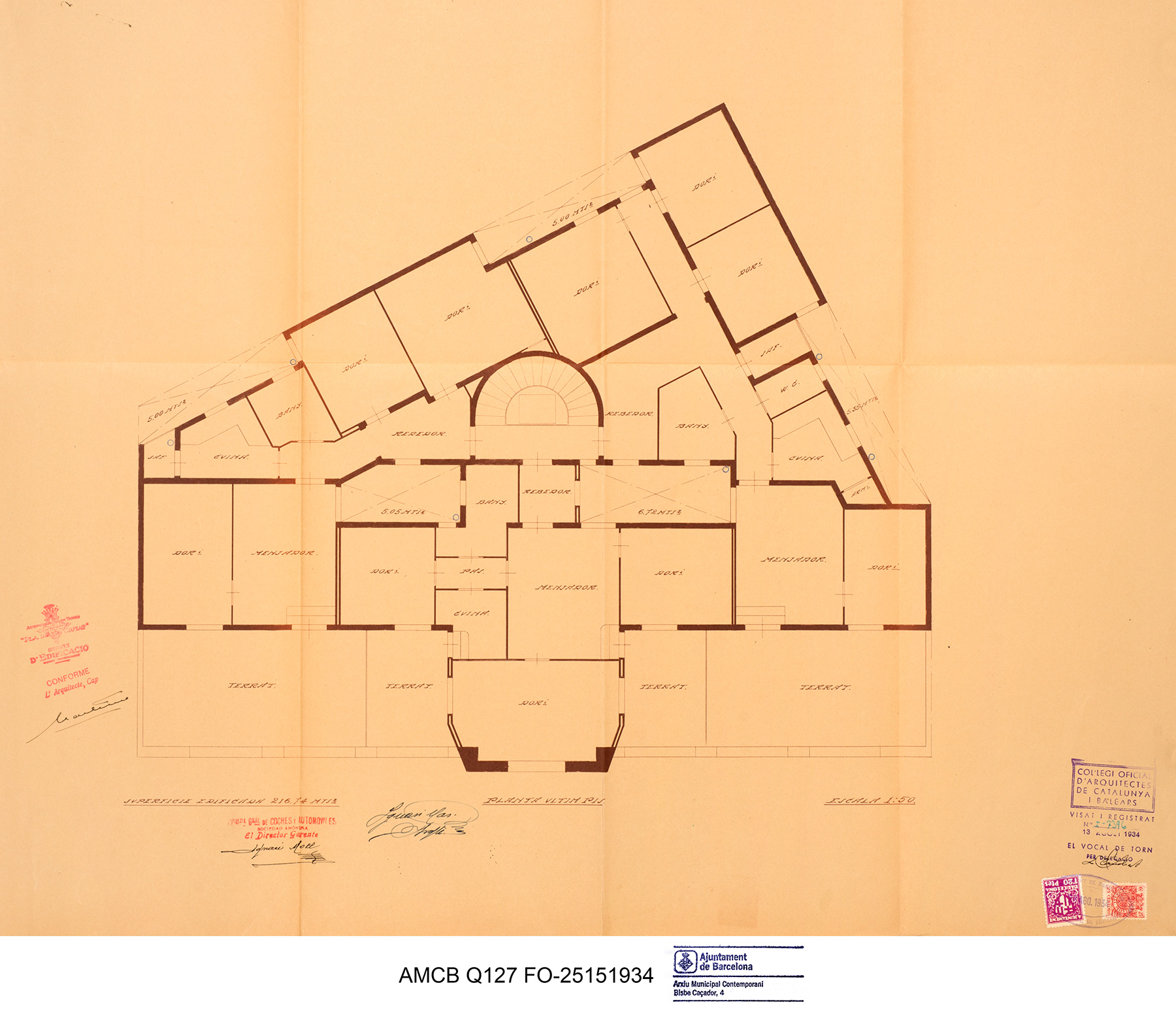 Plànol original de planta àtic i habitatges, agost de 1934